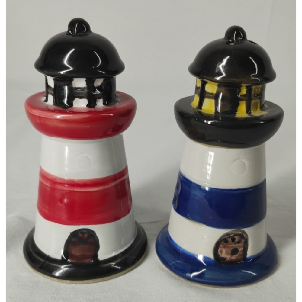Vintage Lighthouse Salt & Pepper Shakers Nautical‎ Red & Blue